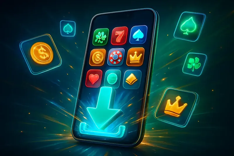 Glossy smartphone casino app banner with neon download energy effects