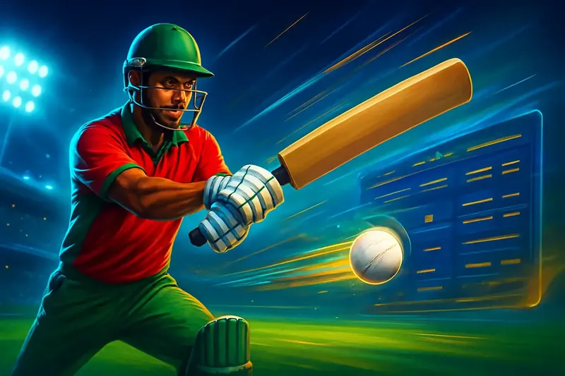 Cricket batter striking ball under stadium lights for sportsbook banner