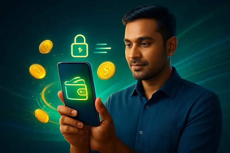 Hand holding smartphone with secure mobile wallet, coins, and speed light trails