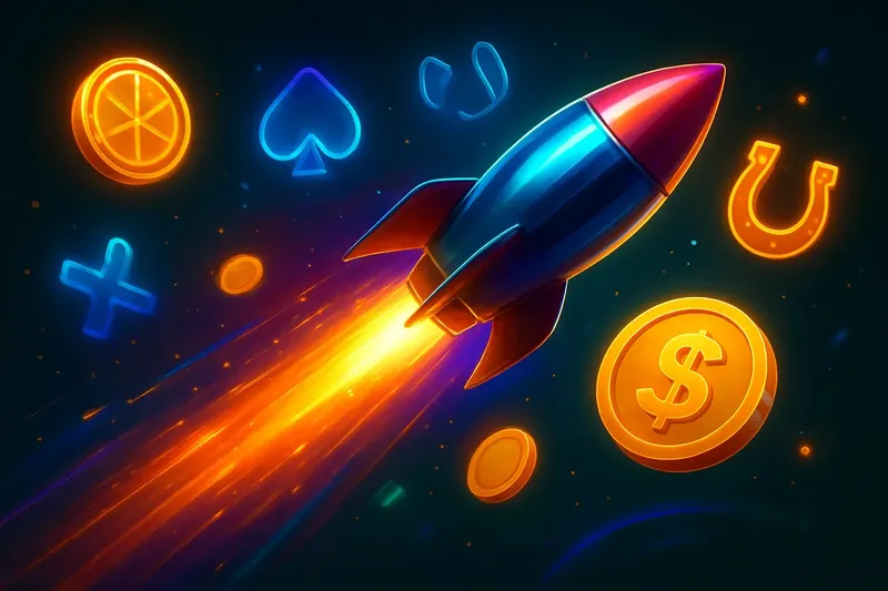 Glossy rocket launch casino banner with neon trail and game particles
