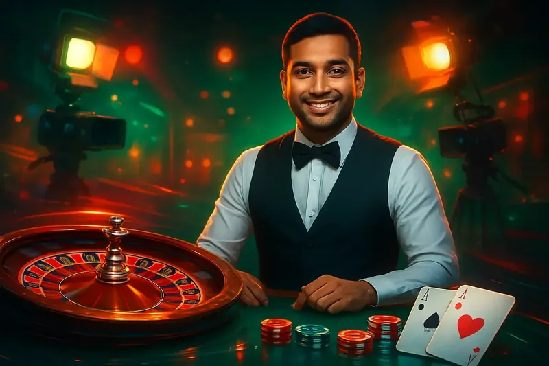 Friendly professional live dealer with roulette, cards, chips, and studio lights