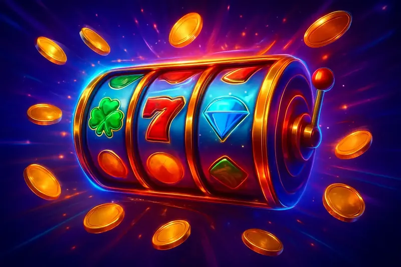 Colorful spinning slot machine reels with coins, sparkles, and neon glow